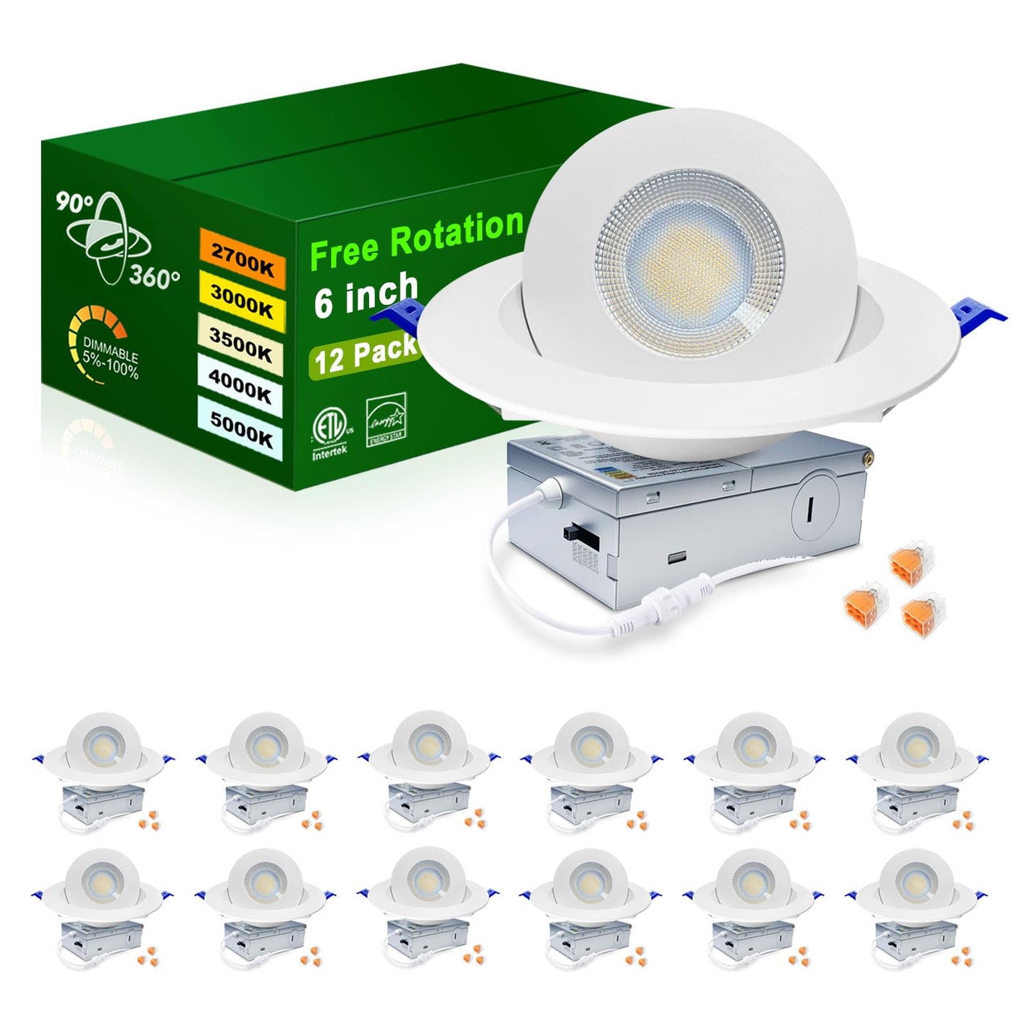 zouzai 6 inch 5CCT Gimbal Led Recessed Lights, 360°+90° Adjustable Directional Recessed Lighting, 2700K/3000K/3500K/4000K/5000K Dimmable Retrofit Eyeball Can Lights with Jbox, ETL(White, 12 Pack)