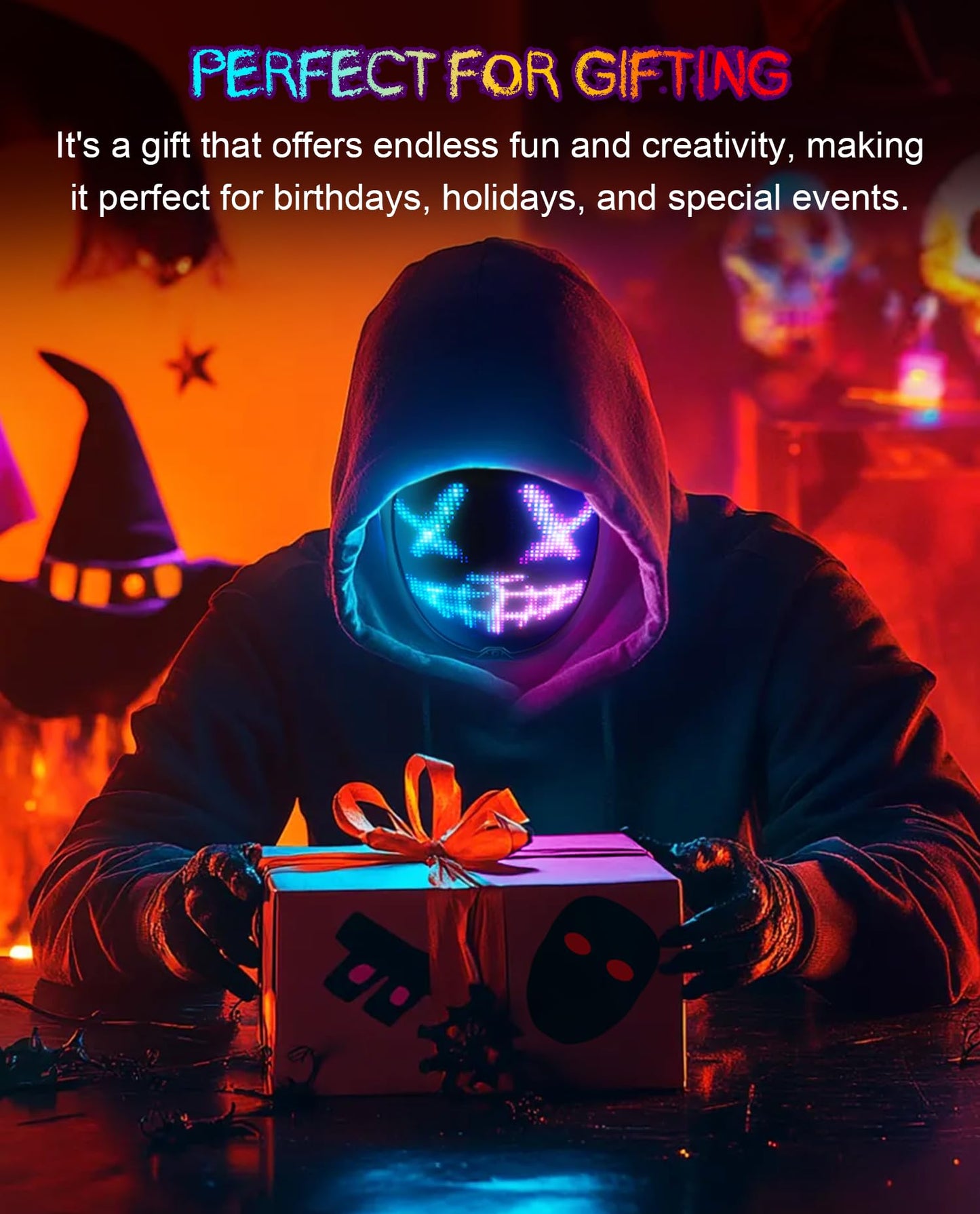 Yinenio LED Mask with Programmable App & Gesture Sensing, DIY Unisex LED Lighted Face Transforming Mask for Halloween Costume