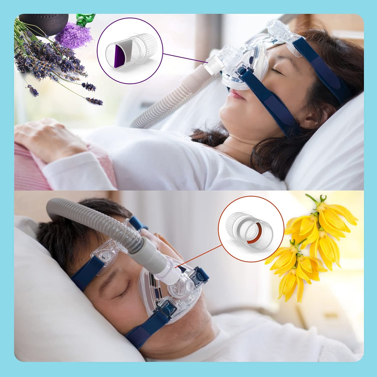 CPAP Aromatherapy Adapter - CPAP Essential Oil Infusion Adapter with 12 Refill Pads-2 2ml Amber Dropper Oil Bottles - Universal Fit
