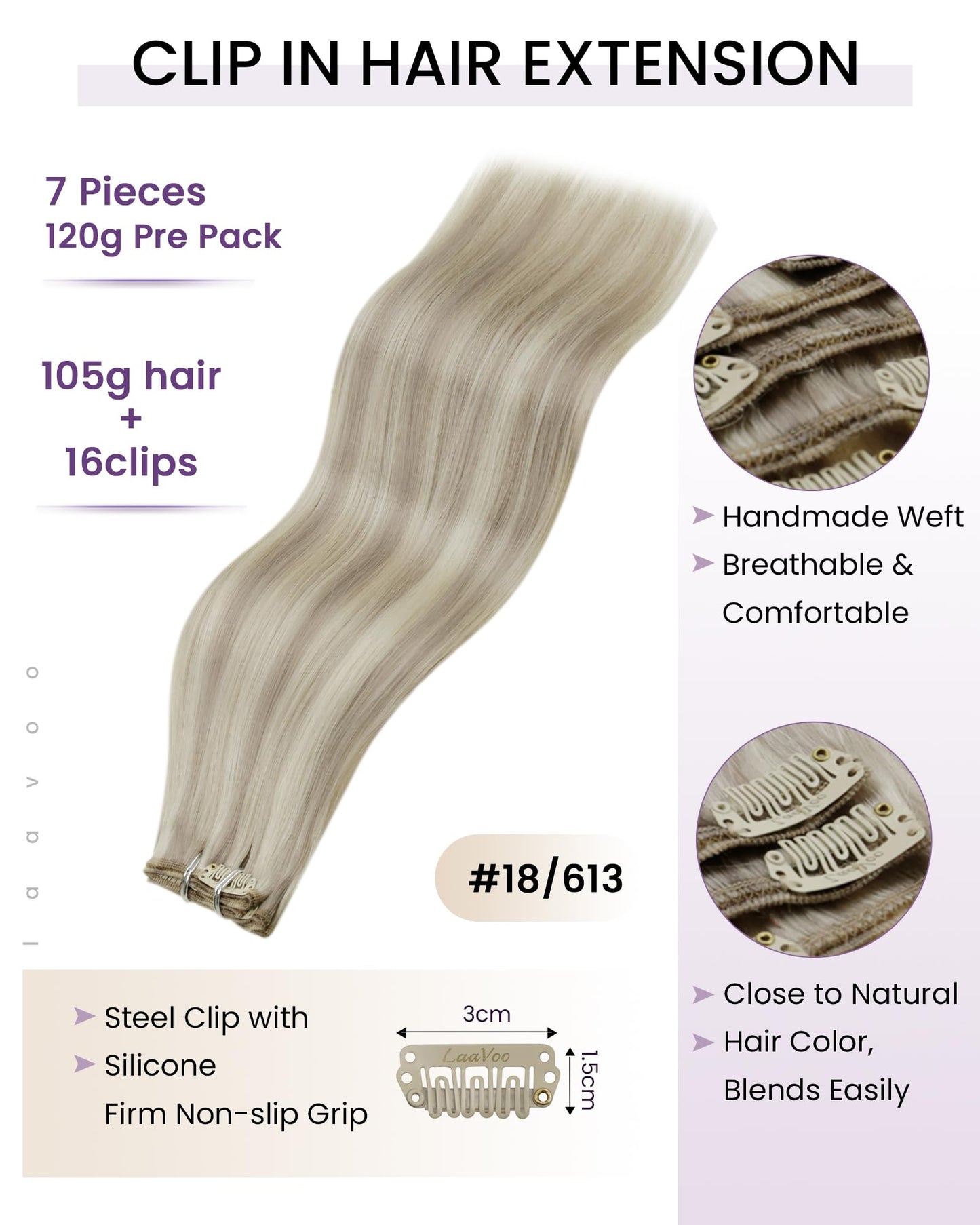 LaaVoo Clip in Hair Extensions Ash Blonde Highlight Real Hair Extensions Clip ins 20 Inch 7Pieces 120g