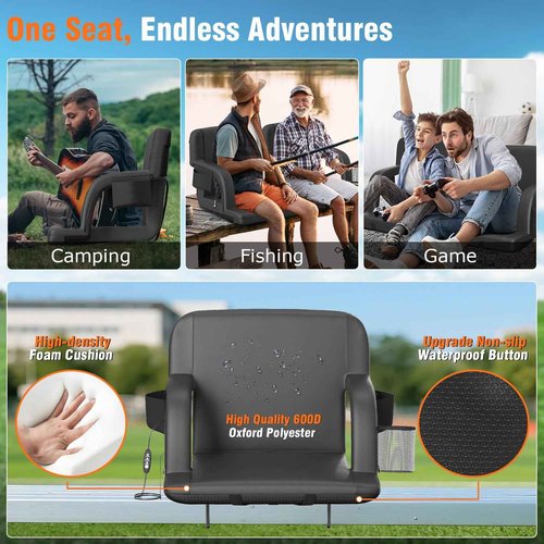 Suteck Dual-Side Heated Stadium Seat with Back Support, 25" Wide Cushion, Foldable Bleacher Chair W/USB 3-Level Heating, 5 Storage Pockets – Portable Stadium Chair for Outdoor Bleachers Camping Games