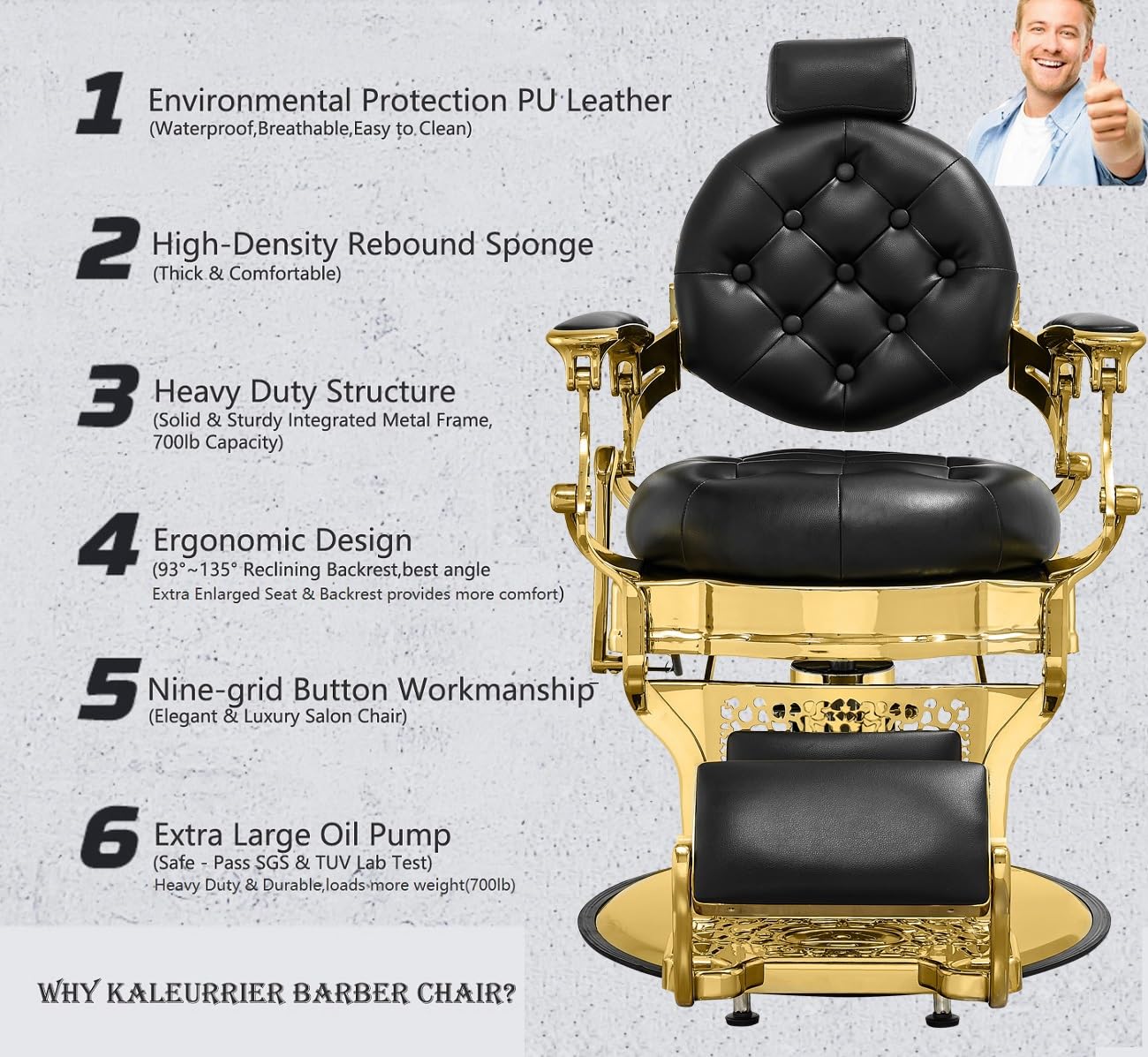 Kaleurrier Salon Chair for Hair Stylist: Barber Chairs for Barbershop - Heavy Duty Reclining Hair Chair with Footrest for Home Wide Seat Gold and Black