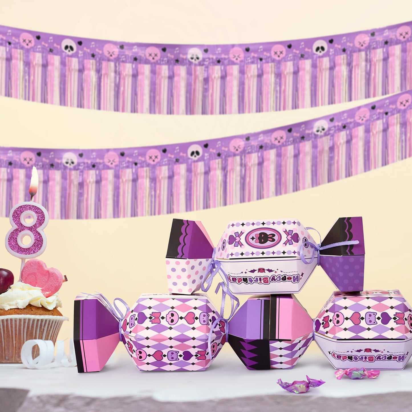 Bupelo Gothic Kawaii Birthday Decorations, 12Pcs Cartoon Party Candy Bags Treat Bags - Cute Skull & Bow Design, Light Purple Paper Party Favor Gift Decors for Girls Kids Birthday, Halloween (8.1x2.7 Inch)