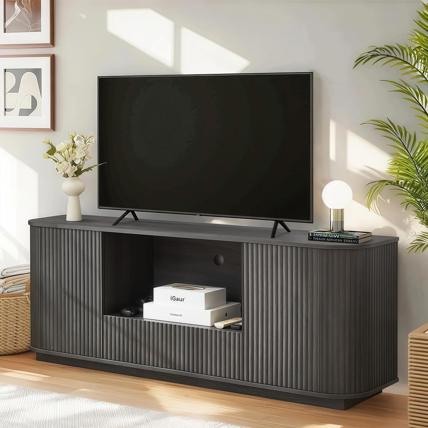 SZTHHDF 64" Fluted TV Stand for TVs Up to 75", Mid Century Modern Entertainment Center with Open Shelf and Drawer, Curved Profile Design, Media Console for Living Room, Bedroom(Black)