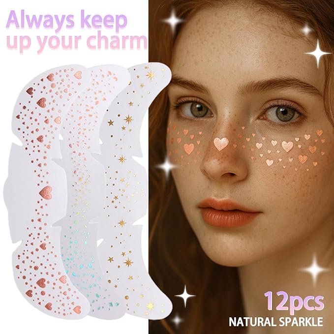 12 Sheets Glitter Freckles Stickers for Face and Body, Star and Heart Face Tattoo for Women and Girls, Long Lasting Waterproof Festival Rave Makeup Accessories