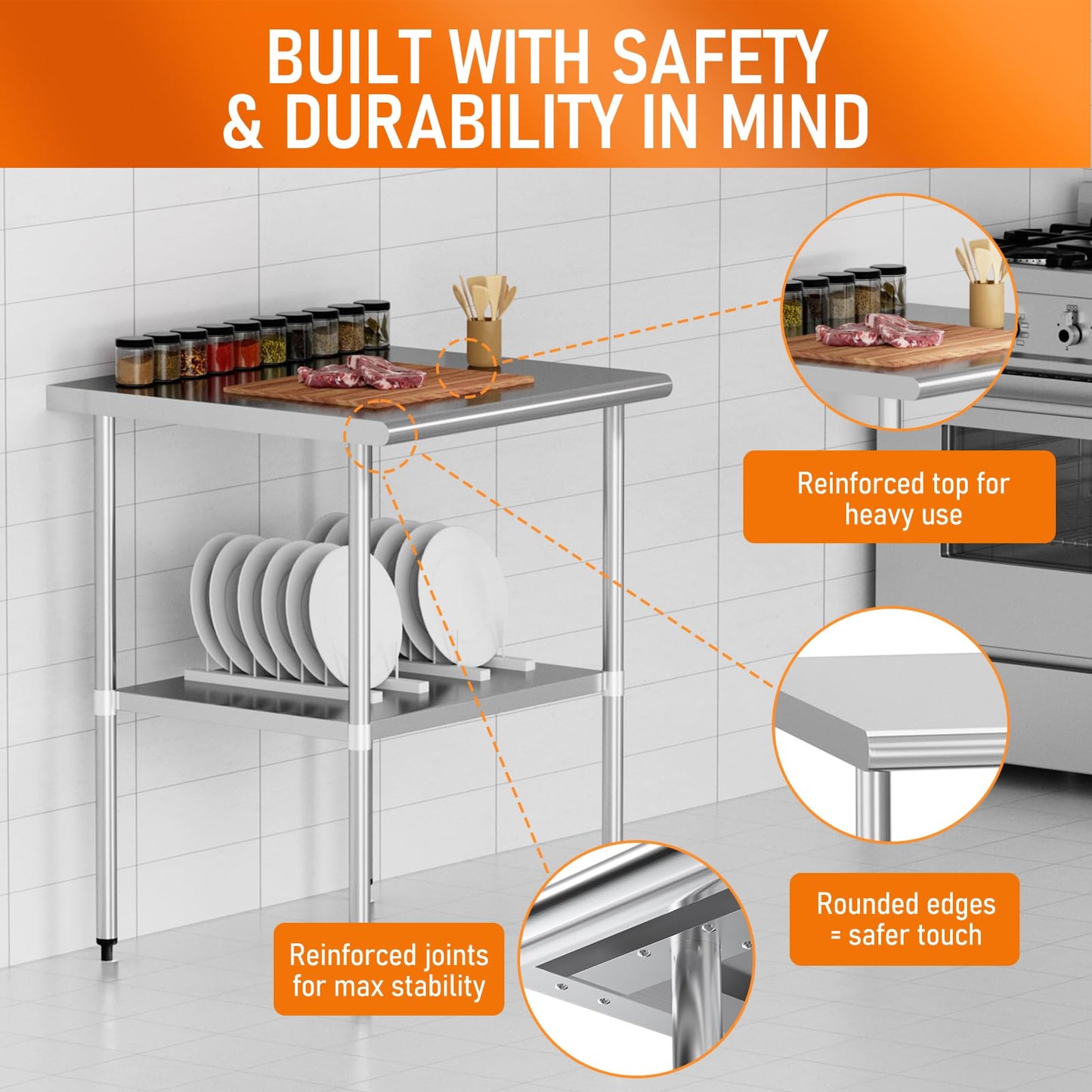HOCCOT Stainless Steel Table for Food Prep & Work 24 x 30 inches Utility Table with Adjustable Undershelf, Commercial Workstation in Kitchen, Garage, Laundry, Outdoor BBQ