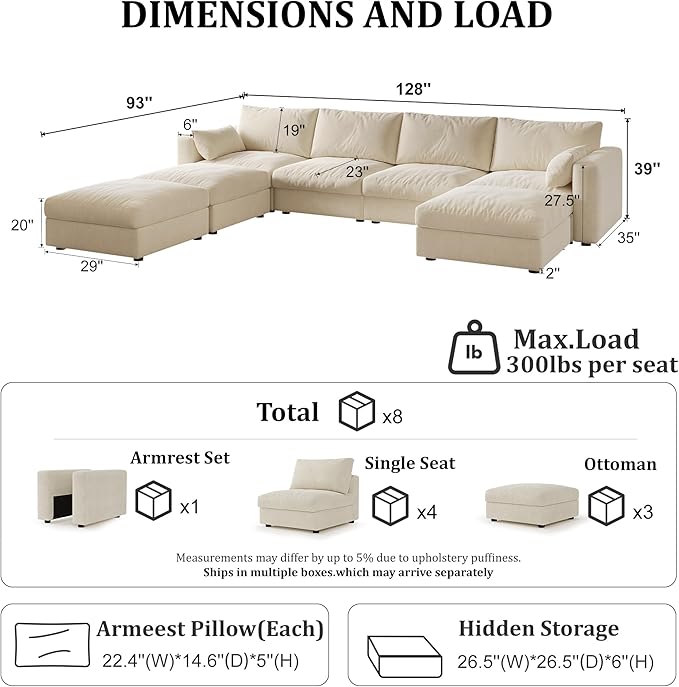 Cloud Modular Sectional Sofa Couch with Storage Ottoman, 128" Oversized Sectional Couches for Living Room, Cloud Modular U-Shaped Sofa with Chaise, 7 Seater, Chenille, Beige