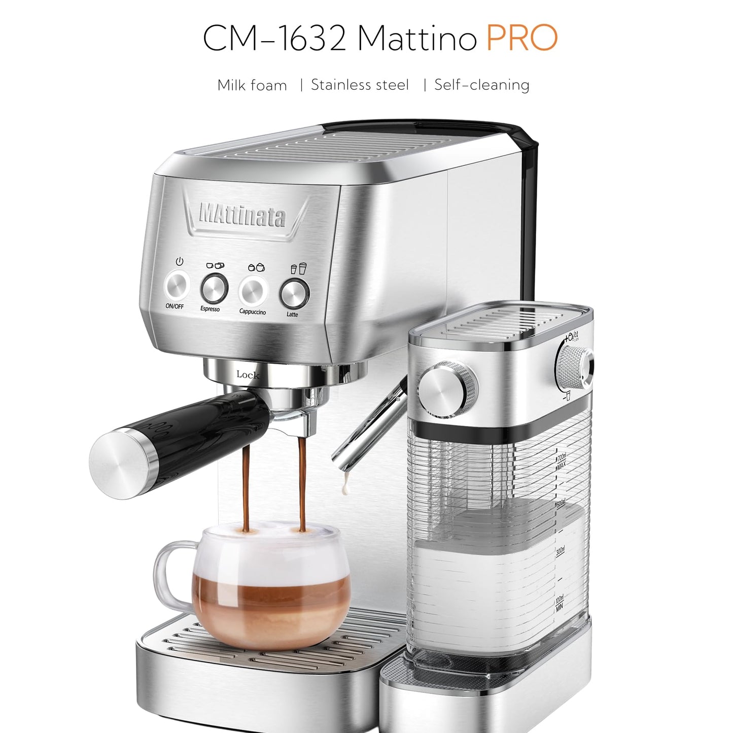 MAttinata CM1632 Cappuccino Machine 20 Bar, Professional Espresso Machines Coffee Maker for Home with Automatic Milk Frothering System, Barista Compact Latte Maker for Coffee Lovers, Stainless Steel