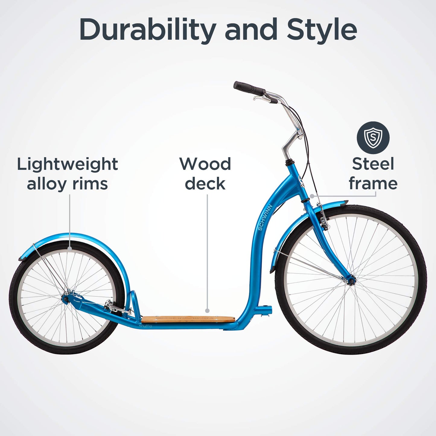 Schwinn Shuffle Adult Scooter, 26-Inch Front Wheel, 20-Inch Rear Wheel, Alloy Linear Pull Brakes, Steel Frame, Blue