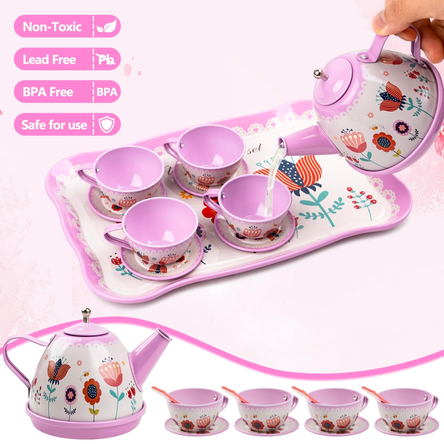 Tea Party Set for Little Girls, 48PCS Princess Tea Time Toy Playset, Kitchen Pretend Play Include Teapot Dishes Dessert & Carrying Case, 3 Year Old Girl Gifts(Flower Design)
