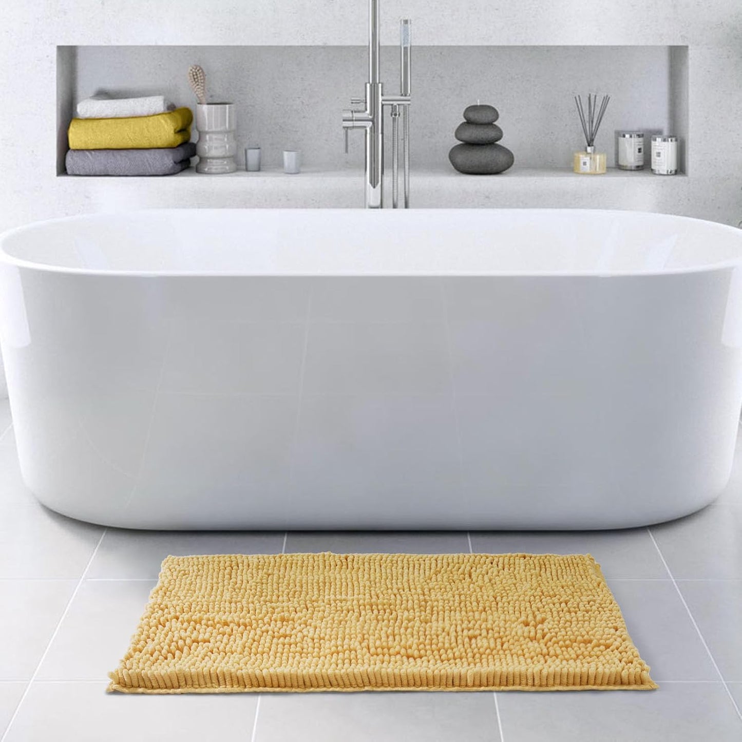 FRESHMINT Chenille Bathroom Rugs Mat 32”x20”, Non-Slip Bath Mat for Bathroom Floor & Bathtub, Washable Soft Shower Shag Bath Rugs, Durable Fluffy Thick Water Absorbent Microfiber Shower Mat, Yellow