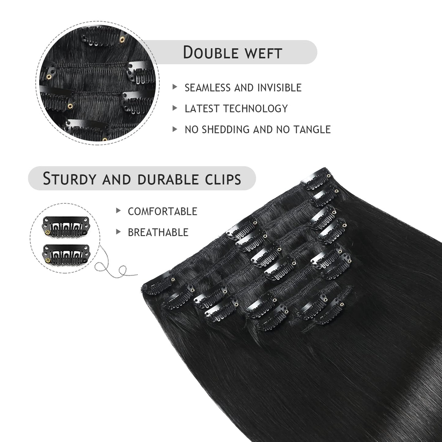 YILITE Jet Black Clip in Hair Extensions Real Human Hair #1 120 Gram 8Pcs 16inch Hair Extensions Clip ins Natural Silky Straight