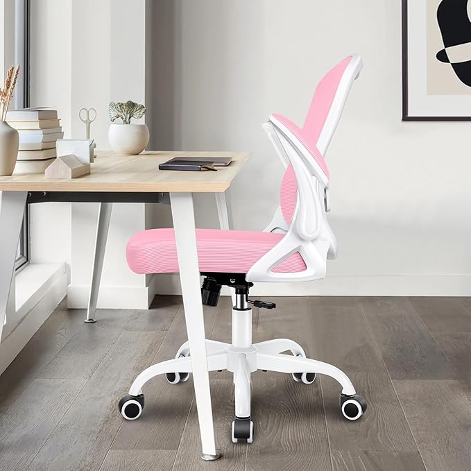 Winrise Ergonomic Office Chair, Mesh Desk Chair with Adjustable Lumbar Support, Flip-Up Armrests, Mid-Back Computer Swivel Task Rolling Chair, Pink