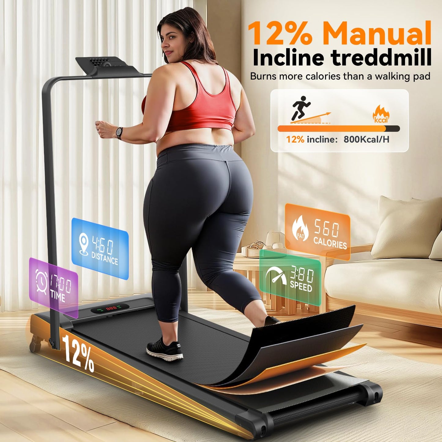 Under Desk Treadmill with Incline, 300lbs Walking Pad with Handle Bar& Remote Control, 2.5HP Folding Treadmill for Home/Office, Installation-Free Jogging Running, Black White