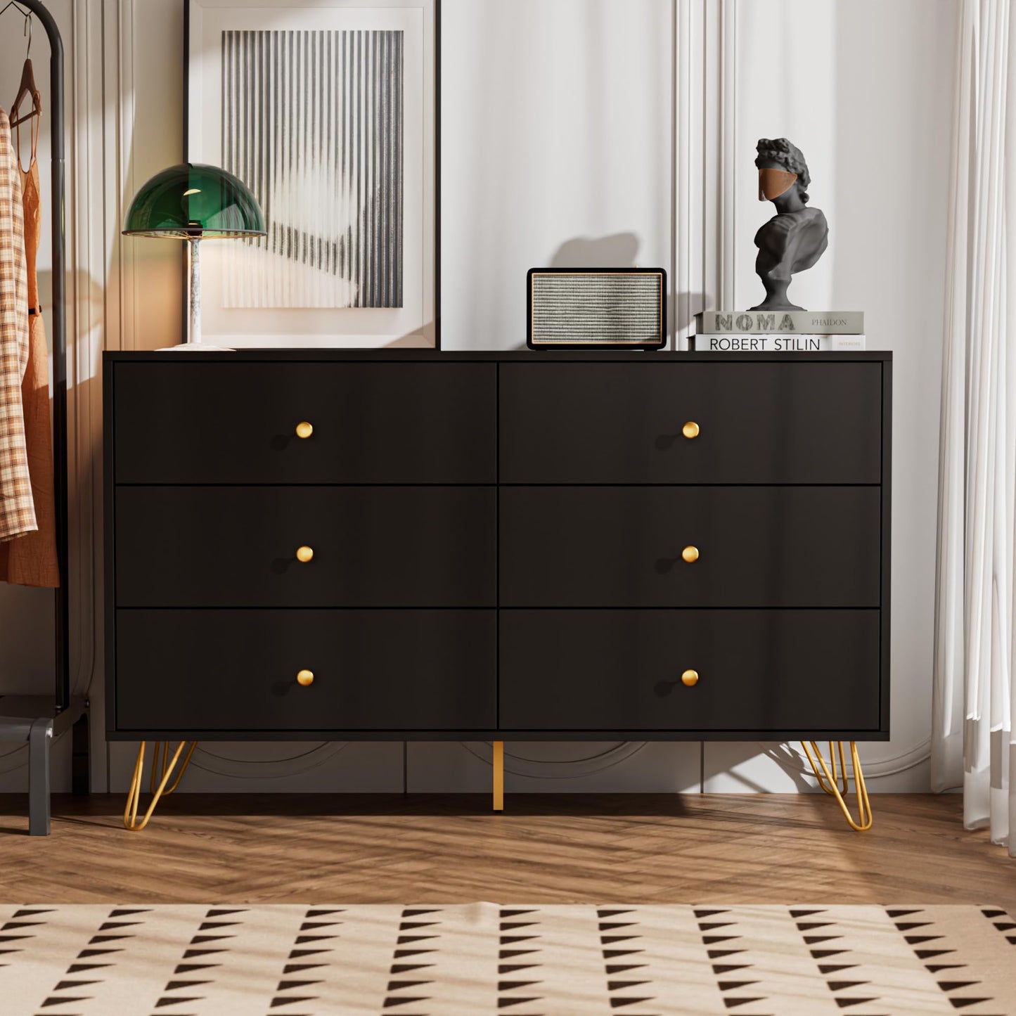Tradare 6 Drawer Dresser and Nightstand Set of 2, Modern Black and Gold Dresser Set with Golden Handles, 2-Drawer Nightstand & 6-Drawer Chest of Drawers