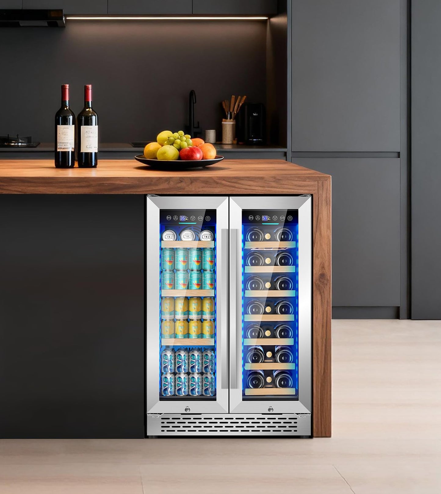 24 Inch Wine and Beverage Refrigerator, 90 Can & 21 Bottle Dual Zone Under Counter or Freestanding Wine Beverage Cooler, 3 LED Stainless-Steel Fridge with Glass Door Fast Cooling for Home/Kitchen