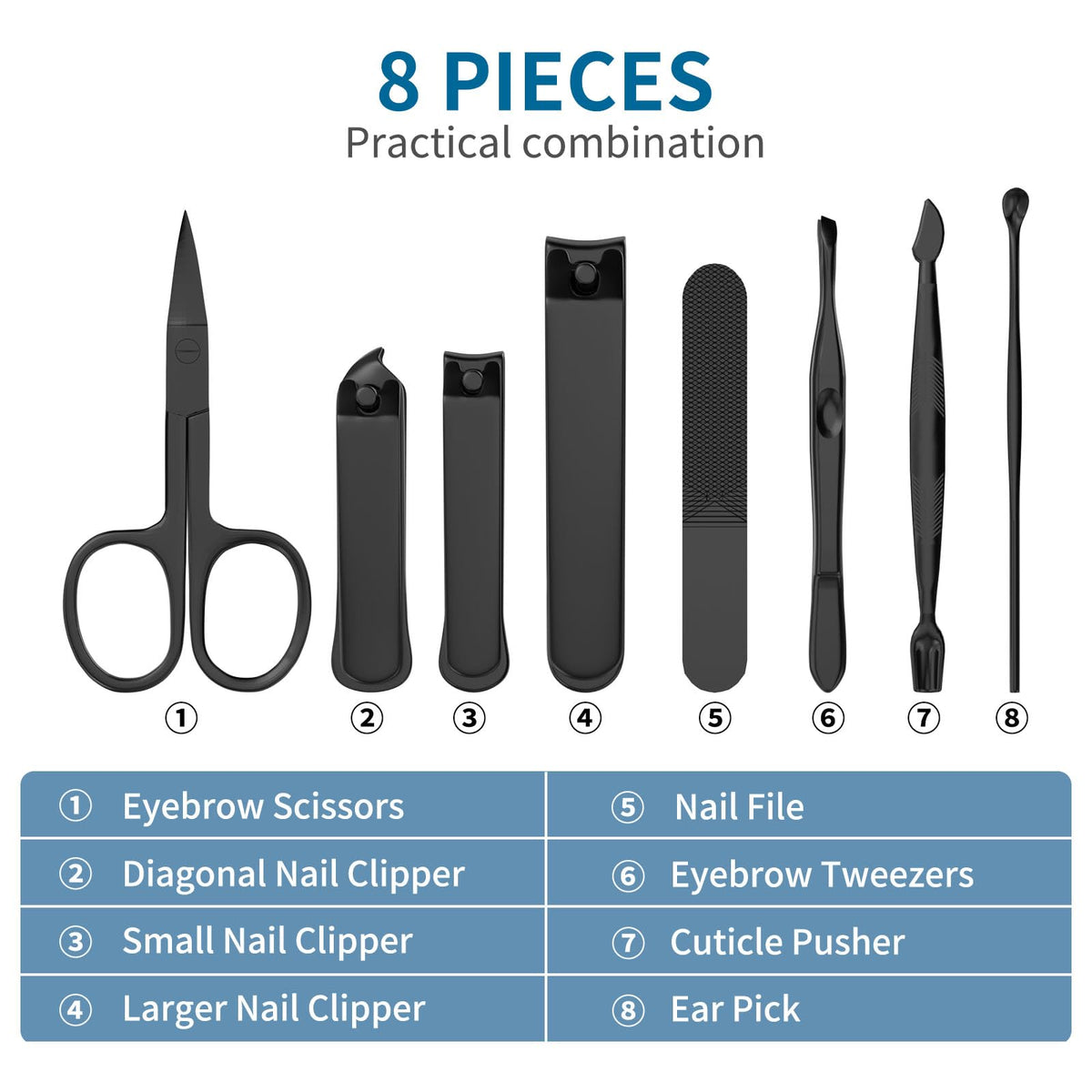 OFIDUS Precision 8 Pieces Mens Nail Grooming Travel Kit, Stainless Steel Manicure Set with Fingernail & Toenail Clippers, Nail F