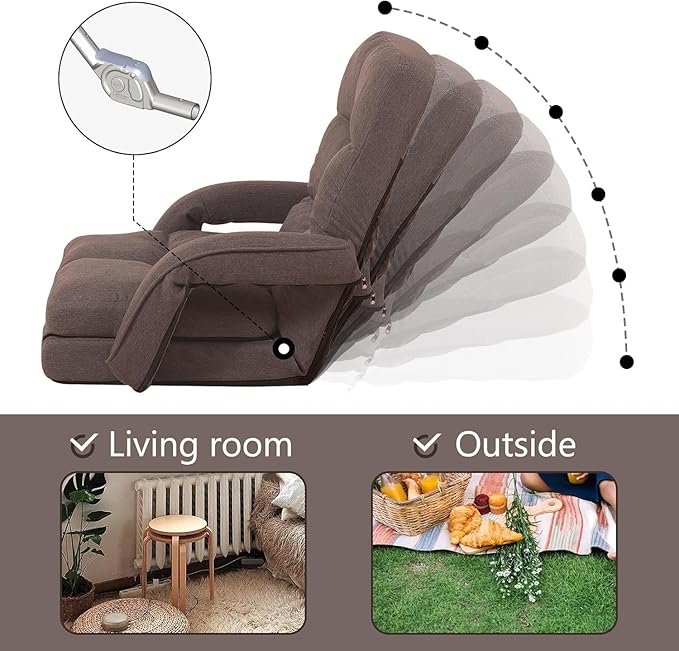 DeeLyan Indoor Floor Chair with Armrest and Pillow Folding Chaise Lounge Sofa 14-Position Adjustable Comfy Gaming Recliner Chair Padded Seats for Adults(Brown)