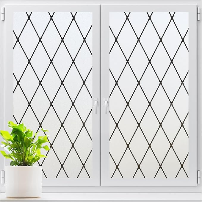LUTE Frosted Window Privacy Film, Static Cling UV Sun Blocking Heat Control Window Cover, Removable Non-Adhesive Glass Sticker Vinyl Decorative Bathroom Frosting Decals, Black Lattice, 17.5" x 118.1"