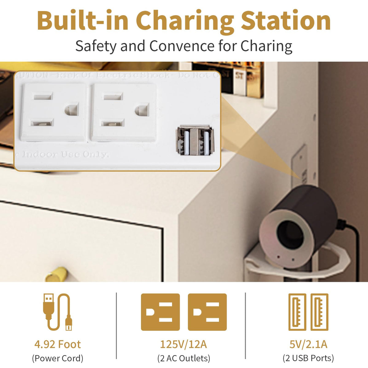 Karl home Small Makeup Vanity Desk with Mirror and Lights, Makeup Table with Charging Station & DIY Pegboards for Small Space, Compact Mini Vanity Set with Hidden Storage Stool for Bedroom, White