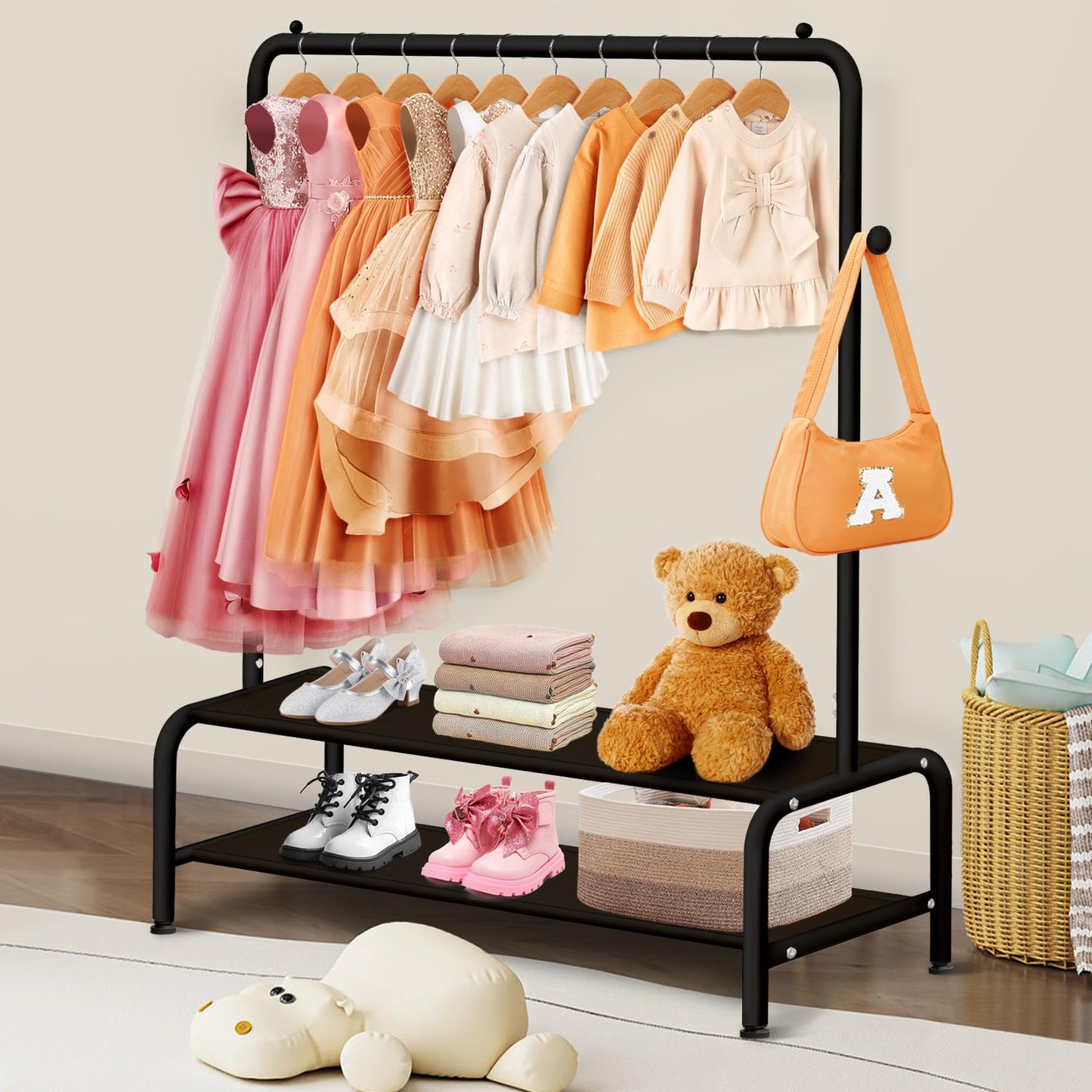 mirolam Kids Clothing Rack - Small Garment Rack - Small Kids Costume Wardrobe Rack with 2 Fabric Floors Storage Shelf - Mini Short Baby Toddler Clothes Rack