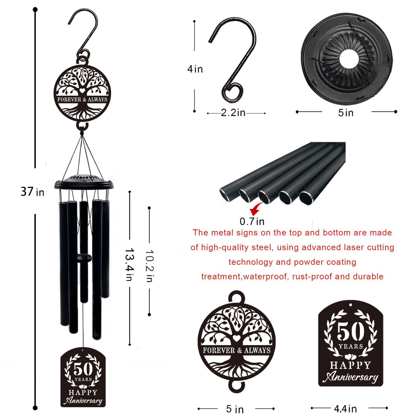 37'' 50th Anniversary Wind Chime Gifts, Golden Anniversary Keepsake Gifts Ideas, Happy 50th Decorations for Parents, Couples, Husband, Wife, Friends (Tree of Life)