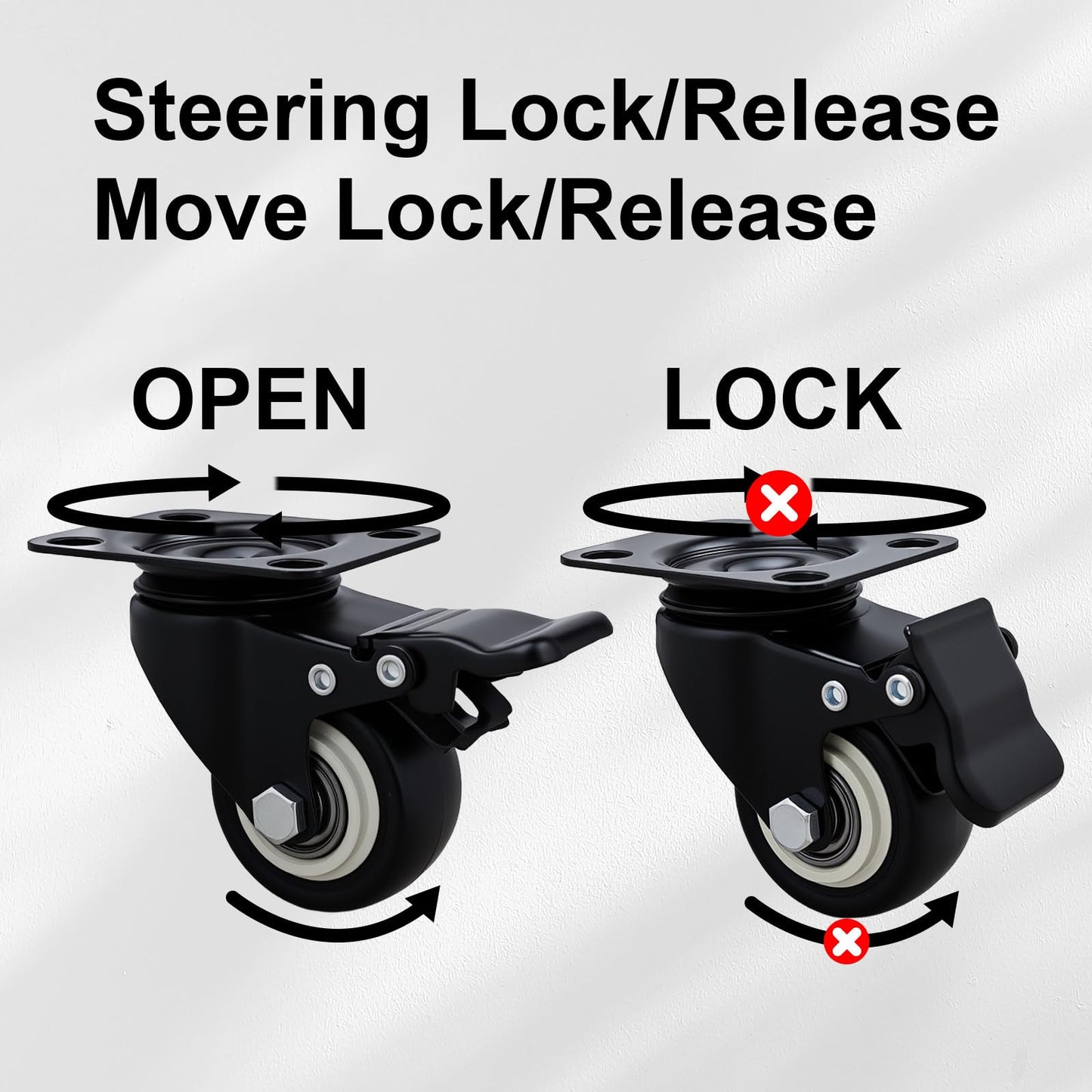 Htudcoue 2 Inch Wheel Casters,Set of 4 Heavy Duty Casters,with Brake,No Noise Locking Polyurethane (PU) Wheels, for Furniture and Workbench Load 800lbs