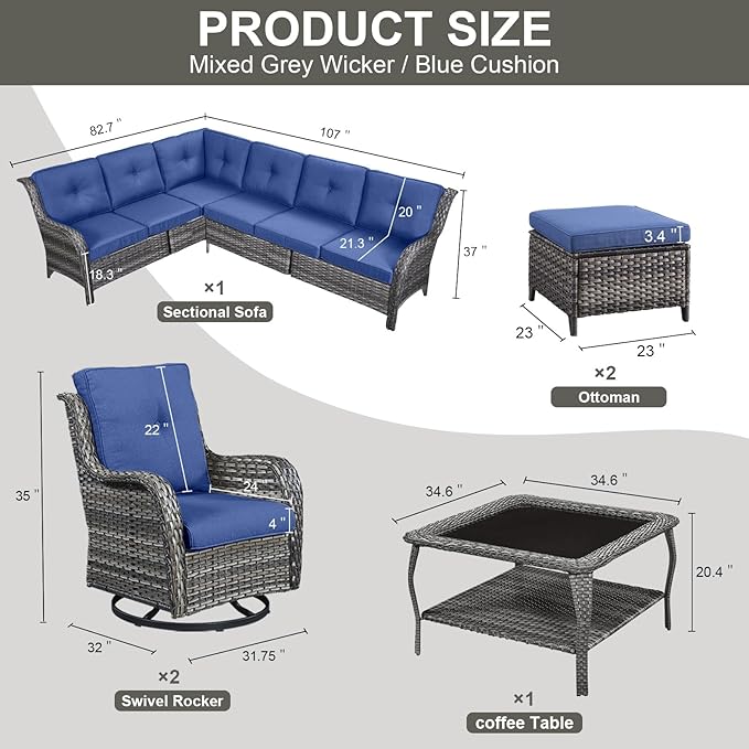 Belord Outdoor Furniture Sectional Sofa L Shaped Couch - Patio Wicker Set with 2 Swivel Glider Chairs, 8 Piece Rattan Patio Conversation Sets with Blue Cushion for Deck Backyard Sunroom