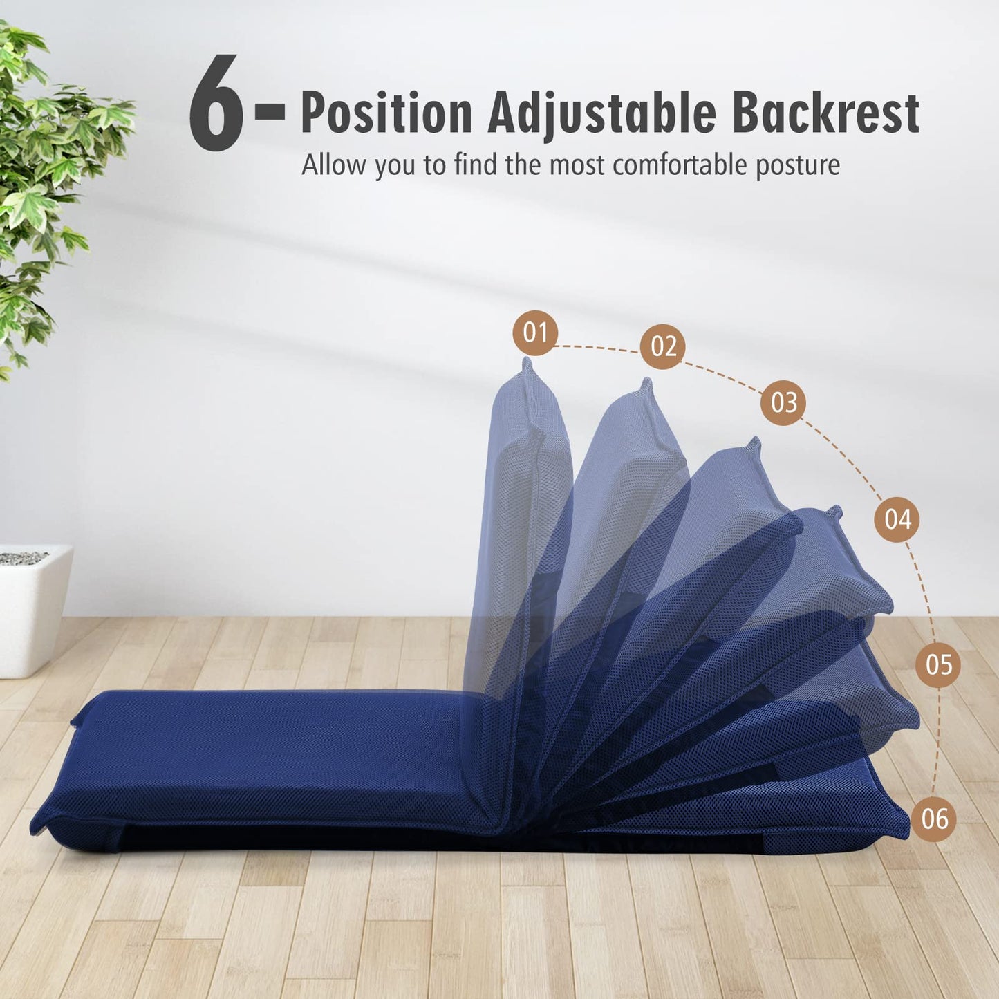 MAT EXPERT Adjustable Floor Chair, 6-Position Mesh Floor Gaming Chair, Folding Lazy Sofa Padded Lounger Recliner, Cushioned Floor Chair with Back Support for Reading, Meditating (Navy Blue)