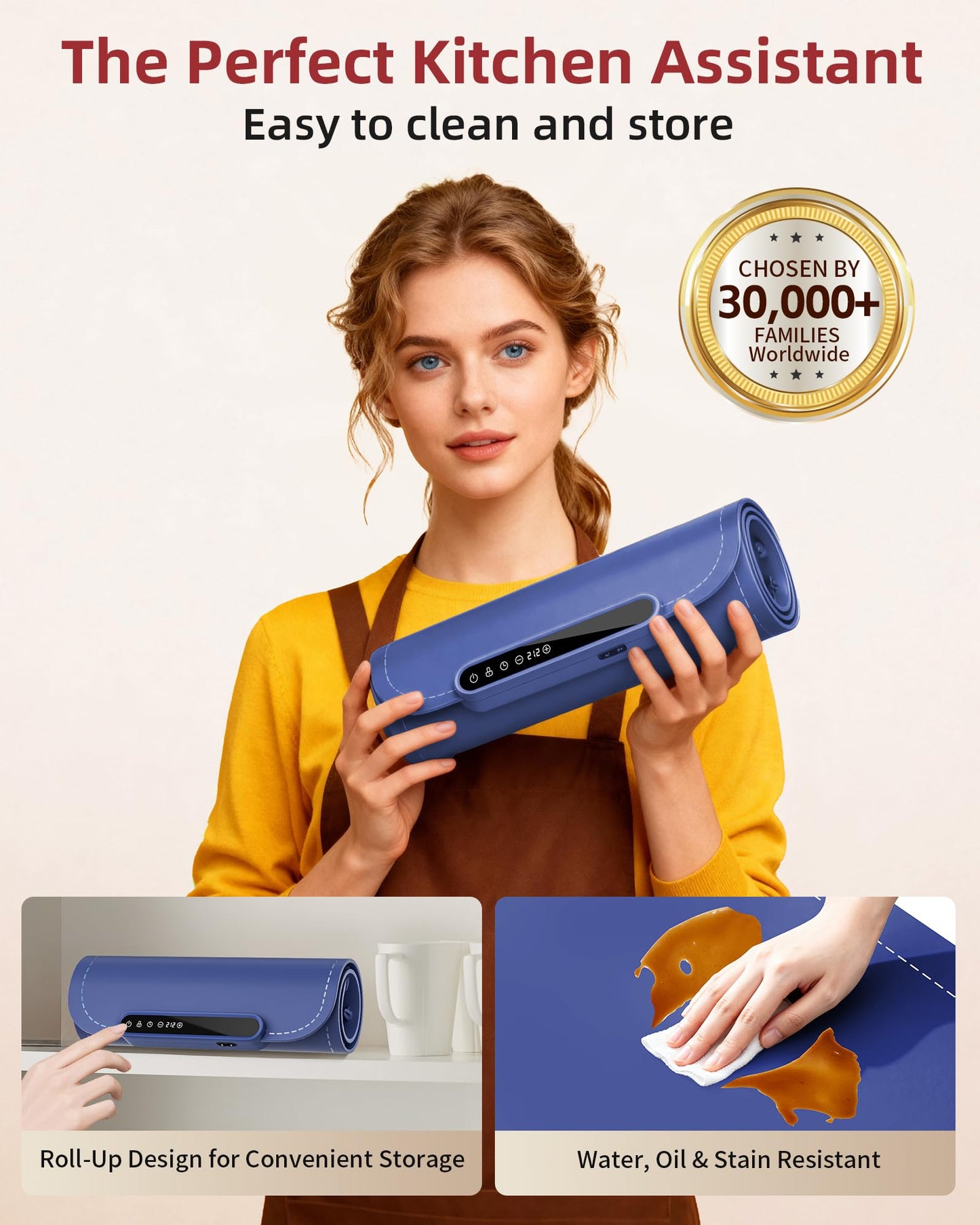 Warming Mat for Food, Upgraded Fast-Heating Electric Warming Tray with 7 Temp Levels & 8 Timers, Buffet Raised Feet & Rollable Silicone Heat Pad, Portable Food Warmer for Home, Party & Travel (Blue)