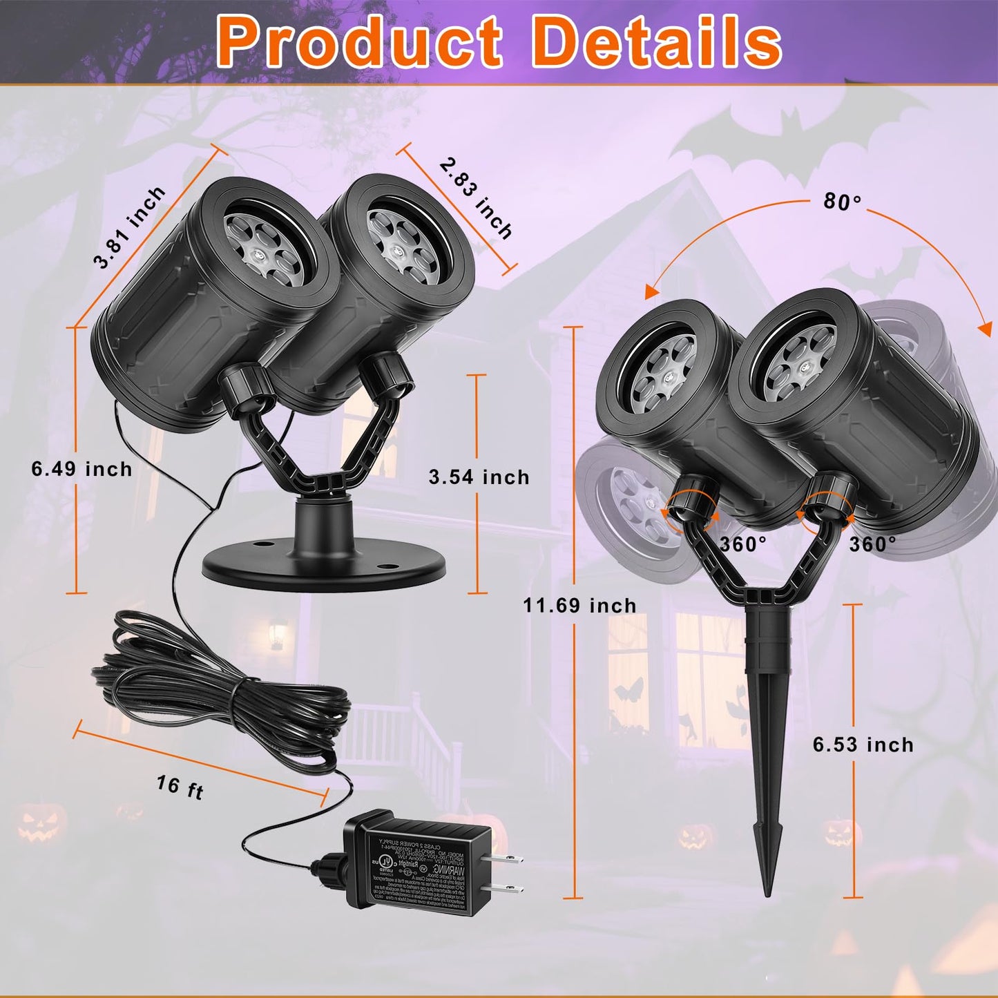 Upgraded Halloween Projector Lights Outdoor, Double Head Dynamic Projector Lights Indoor, 360° Rotating Waterproof Pumpkin Ghost Skeleton Bats Projection Light for House Patio Window Party Decor