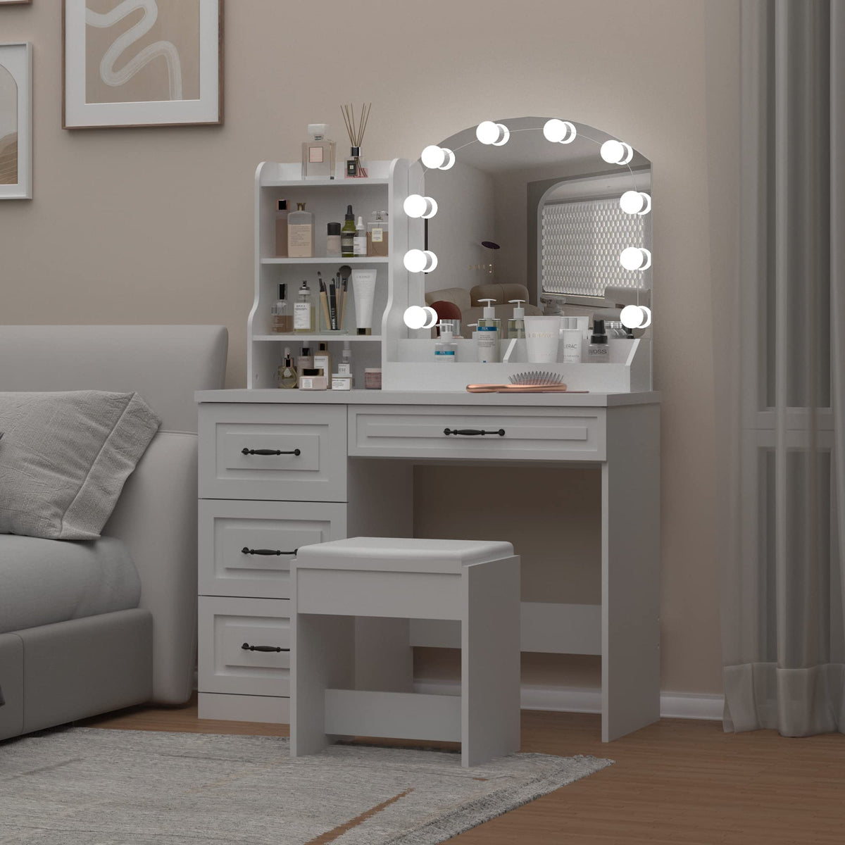 Vabches Makeup Vanity Desk with Lights and 4 Drawers, White Vanity Set Makeup Table Lots Storage, 3 Lighting Colors, Large Size 39.4in(L)