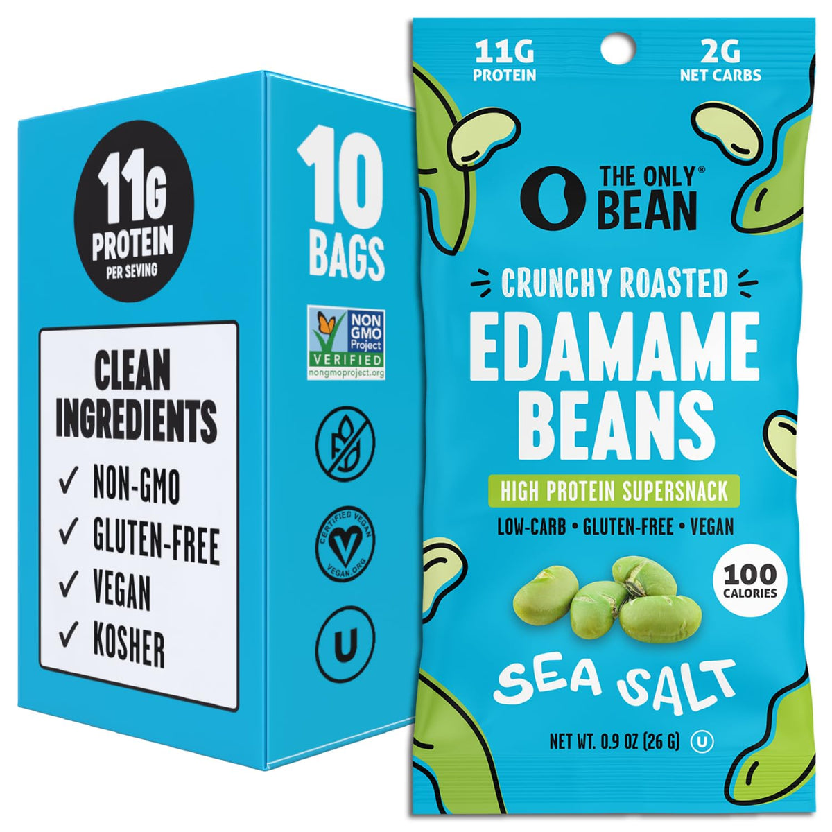 The Only Bean Crunchy Dry Roasted Edamame Snacks (Sea Salt), Keto Snack Food, High Protein (11g) Healthy Snacks, Low Carb Gluten Free Office Vegan Food 100 Calorie Snack Pack, 0.9oz 10 Pack