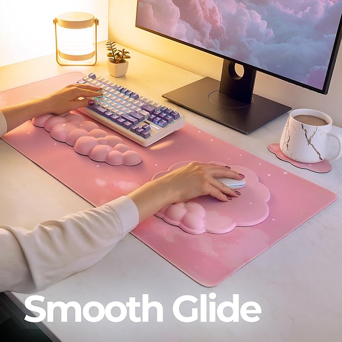 Premium Quality Cloud Wrist Rest Keyboard & Mouse Pad Set – Ergonomic Memory Foam Desk Accessories with Wrist Support for Office & Gaming – Pink