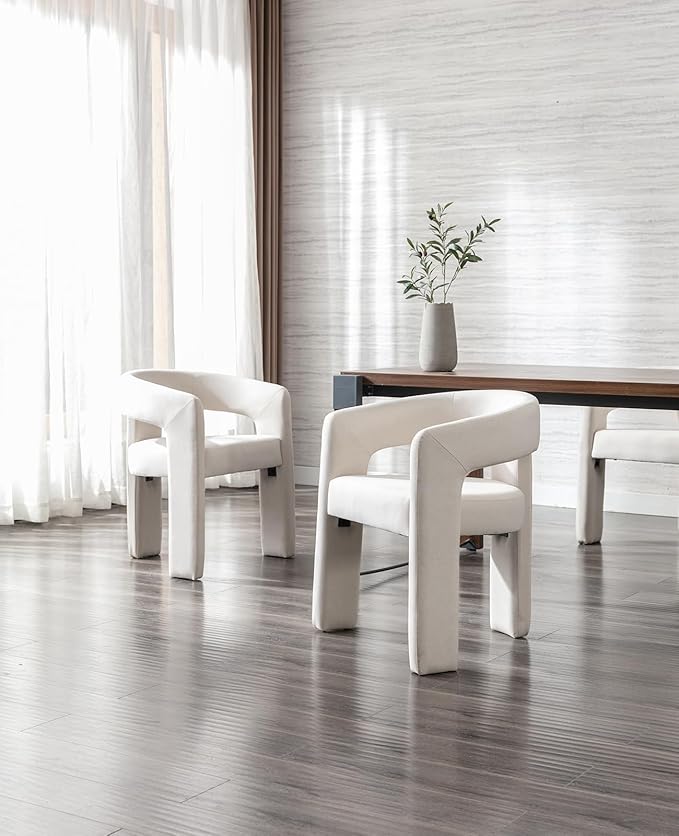 DAYALANE Modern Barrel Dining Chair, Upholstered Accent Kitchen Chair with Arms Comfy Linen Fabric Side Chair for Living Room/Home Office/Reception, Linen Cream