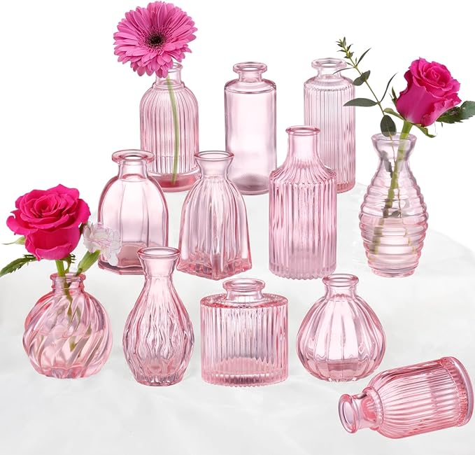Pink Vase, Bud Vases Set of 12, Small Pink Glass Vases for Flowers Modern Ribbed Glass Bud Vase for Decor Wedding Flower V...
