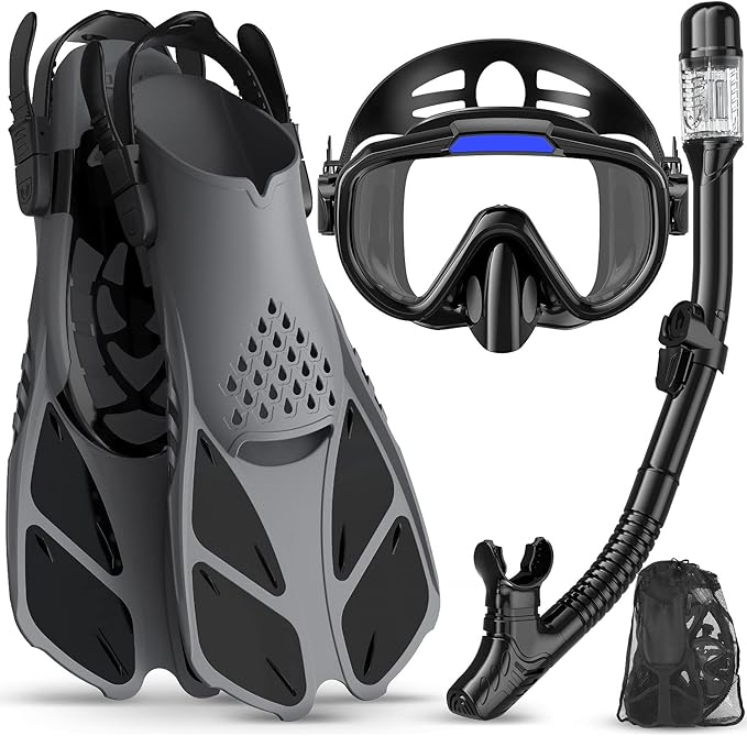 Ubekezele Snorkeling Gear for Adults Men Women,4 in 1 Snorkel Set with Panoramic View Diving Mask Anti-Fog Anti-Leak,Dry T...