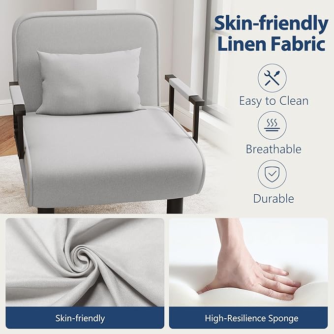 Furniliving 4 in 1 Folding Sofa Bed Chair, Convertible Sleeper Chair Bed with 6-Position Adjustable Backrest, Upholstered Chaise Lounge with Pillow, Accent Chairs for Bedroom, Linen, LightGrey, 2
