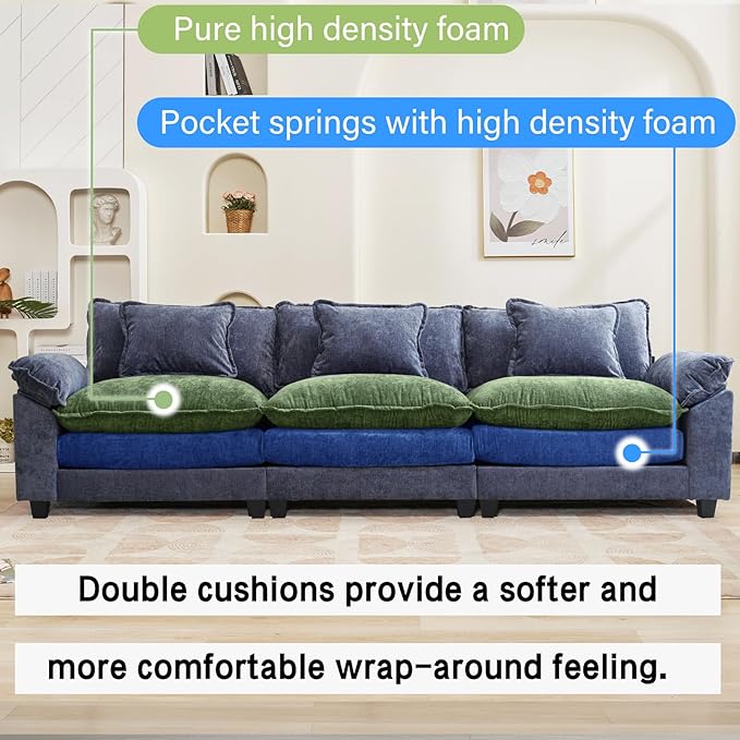 Oprisen 120" Modular Sectional Sofa, Comfy Cloud Couch Sectional, Chenille Sofa Sleeper Deep Seat Sofa with Throw Pillows for Living Room (Blue, 120"- 3 Seater)