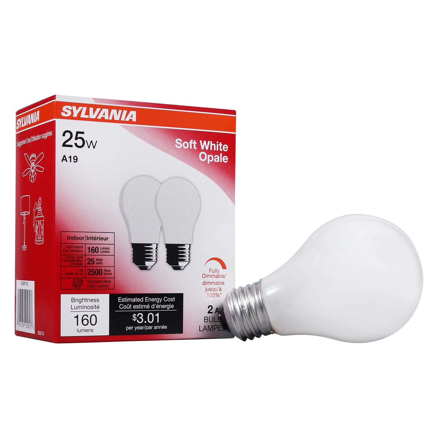 LEDVANCE Sylvania Incandescent Light Bulb, 25W A19, Dimmable, Medium Base, 160 Lumens, 2850K, Soft White - 2 Pack (10562)