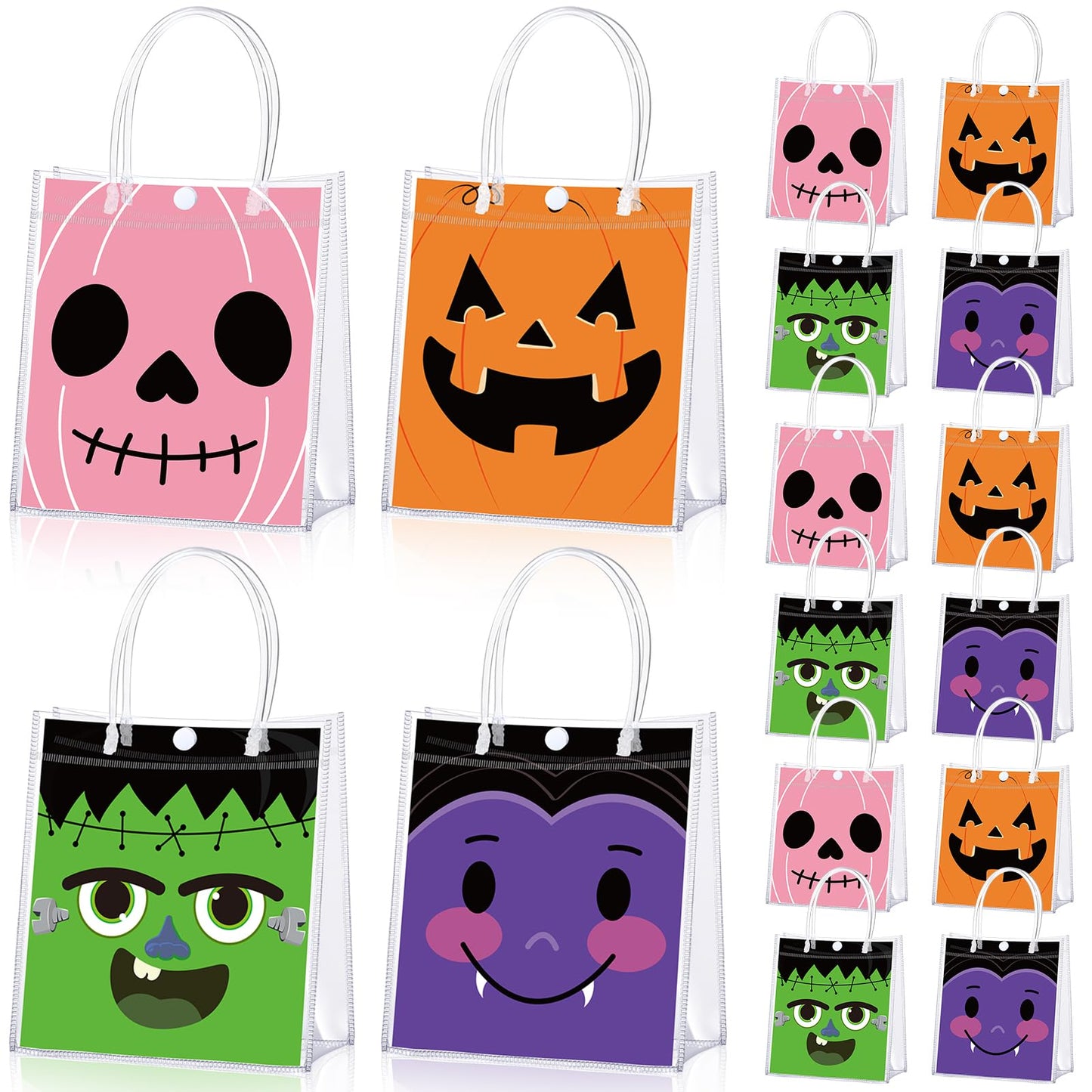 Bulyoou 24 Pcs Halloween Clear PVC Gift Bags with Handle Reusable Grimace Pumpkin Party Favor Bags Pink Treat Tote Bag for Halloween Trick or Treat Supplies