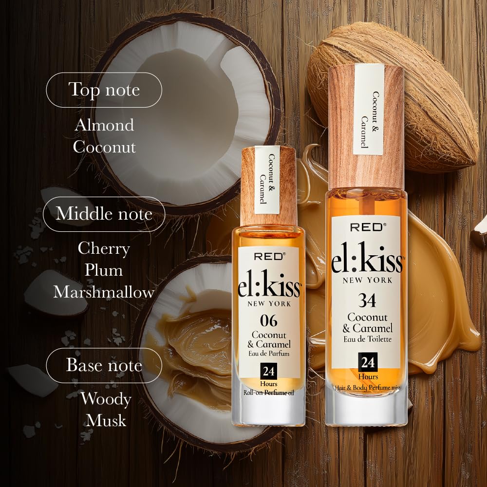 EL:KISS Roll On Perfume, Coconut & Caramel Eau de Parfum 12mL (.40 Fl Oz), Hydrating & Long-Lasting, Alcohol-Free & Mineral Oil-Free, Infused with Jojoba, Argan & Coconut Oil