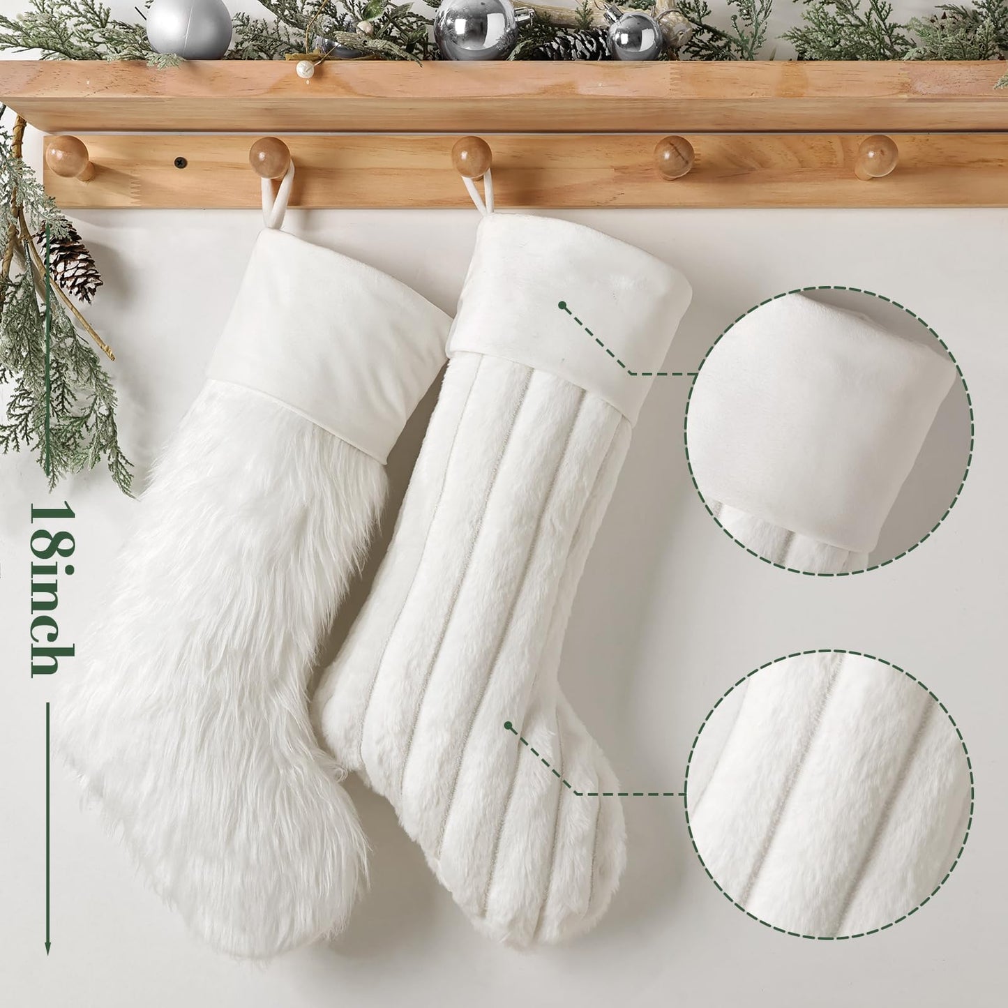 Christmas Stockings, 6 Pack 18 Inch Luxury Snow White Thick Plush Faux Fur Personalized Stockings with 6 Styles of Textured Patterns, Home Décor Party Christmas Decorations Gift for Mantal Fireplace
