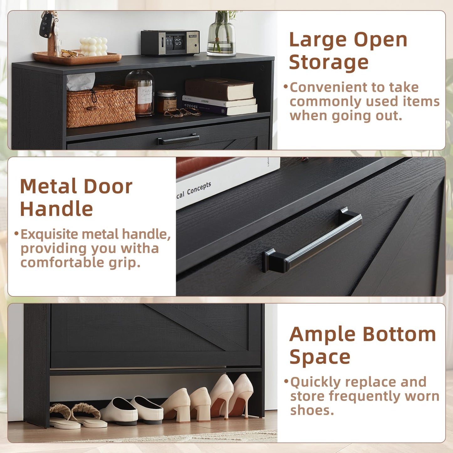 RWYHG Shoe Storage Cabinet with 2 Flip Drawers,Farmhouse Narrow Shoe Organizer with Legs,Freestanding Hidden Slim Shoe Rack Cabinet with Open Storage for Entryway,Hallway, Foyer, Black