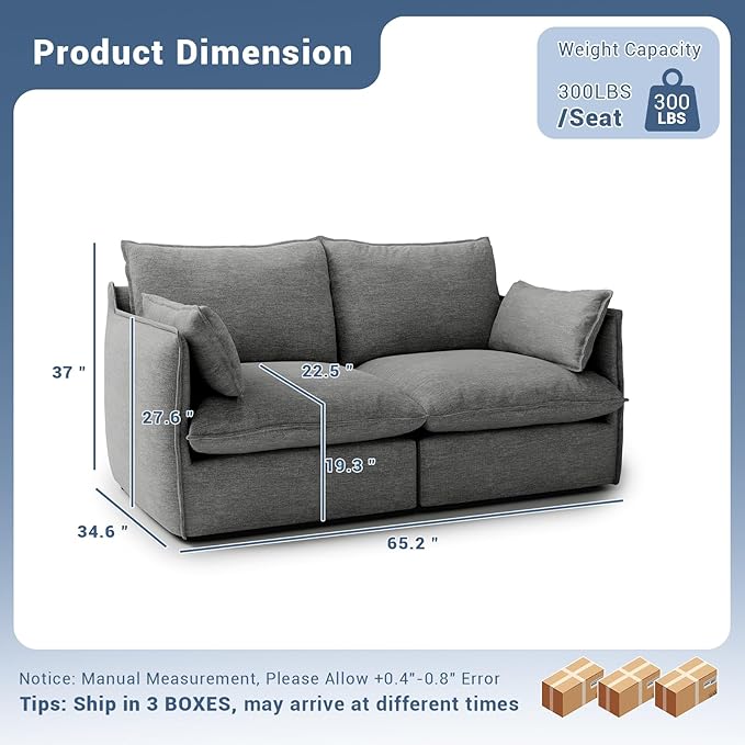 Lopzeho Cloud Modular Sectional Sofa, Waterproof Down Filled Sectional Sofa, High Backrest Loveseat Sectional Couches for Living Room, Modern Modular Couch with Removable Cover, Dark Gray