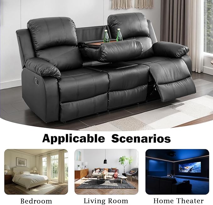 Caberryne Leather Recliner Sofa，Reclining Sofa for Living Room Furniture Sets，Black Wall Hugger Recliner Couch with Cupholder for Living Room/Office/Theater Seating(3 Seater Sofa)