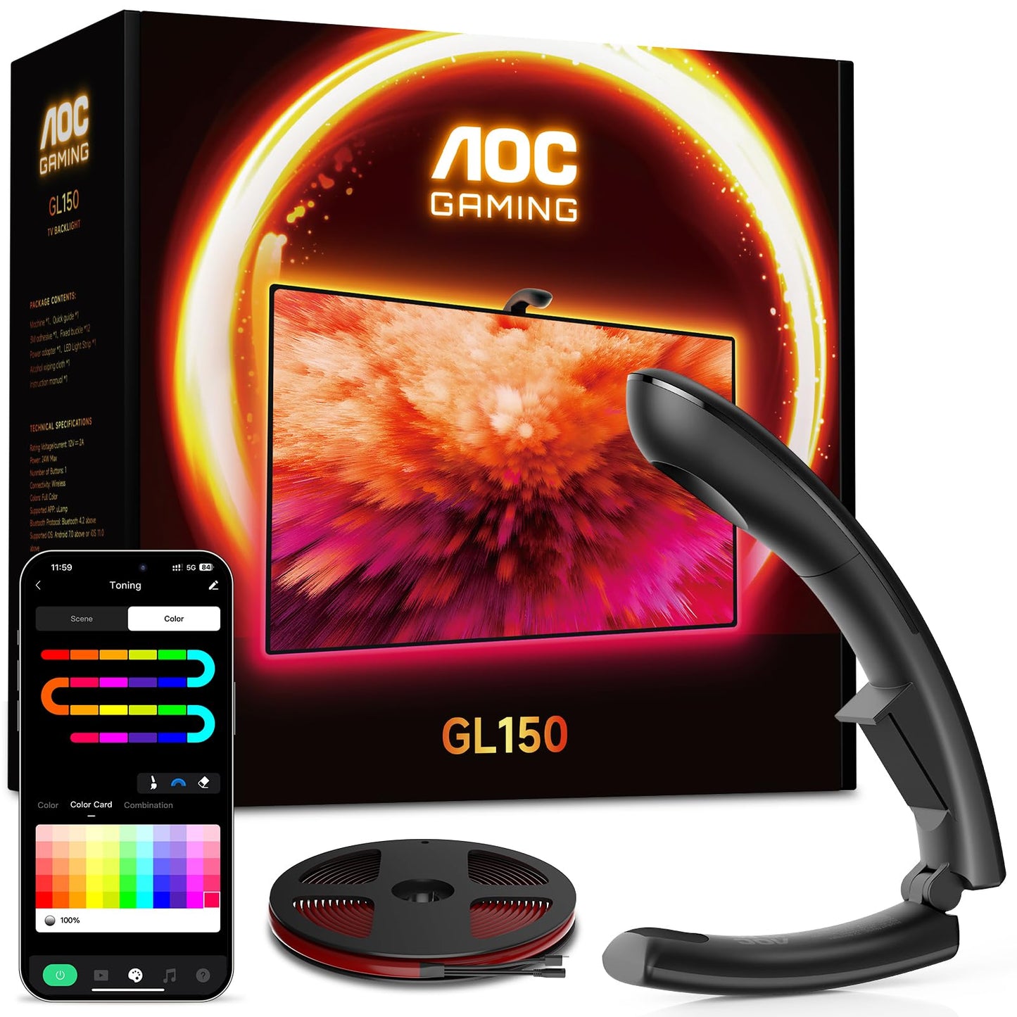 AOC TV LED Backlight, TV Lights That Change with TVs for 55-65 inch Screen, RGB Strip Lighting with Sensor, Syncs Behind The Monitor, Smart App Control, Movie Game Music & DIY Mode, 14.8FT