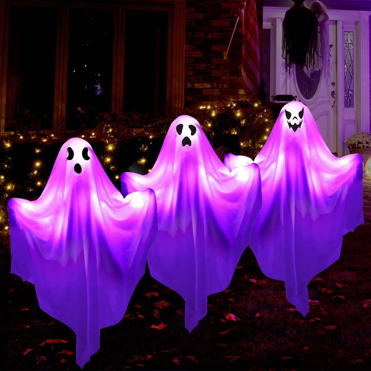 [8Light-Modes] Sets of 3 Halloween Ghost Light Stakes, Flying Ghost Halloween Decorations, LED Lighted Ghost Yard Stakes Outdoor Scary Hanging Ornament for Lawn, Yard, Patio, Haunted House