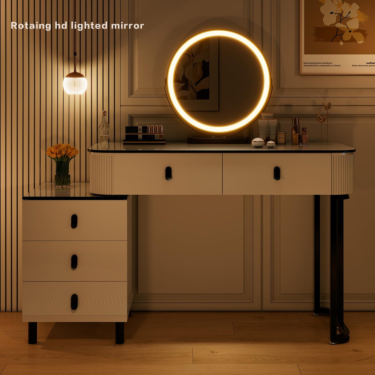 KDCAS Modern Vanity Desk with Mirror and Led Lights, Small Retractable Makeup Combo with Adjustable Cabinet, Dressing Table Set with 5 Drawers Storage for Bedroom, White