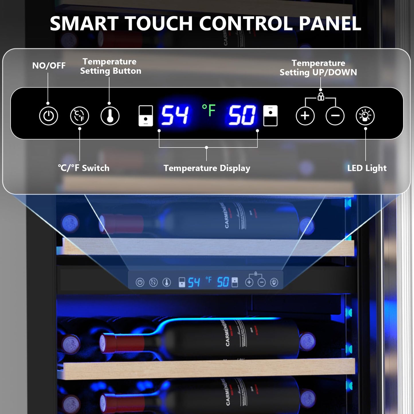 COWSAR 24 Inch Wine Cooler Drink Fridge, 105 Bottles Commercial Wine Fridge, Tall Freestanding/Built-in Beverage Refrigerator Glass Door with Removable Wooden Shelves, Blue LED Lights, Safety lock